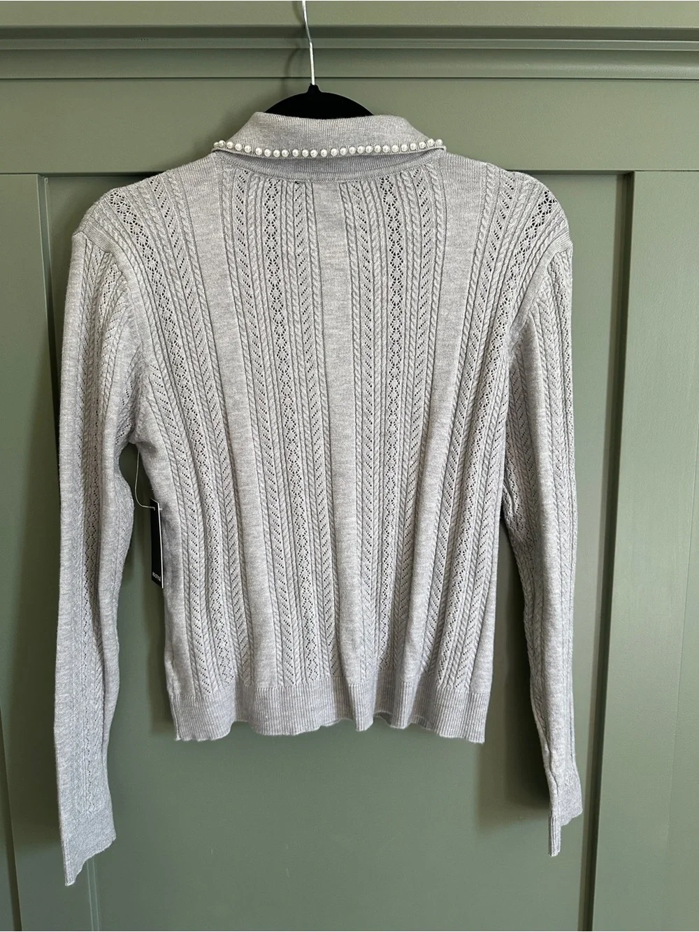 RD Style Avery Light Gray Pearl-Trim Cable Cardigan